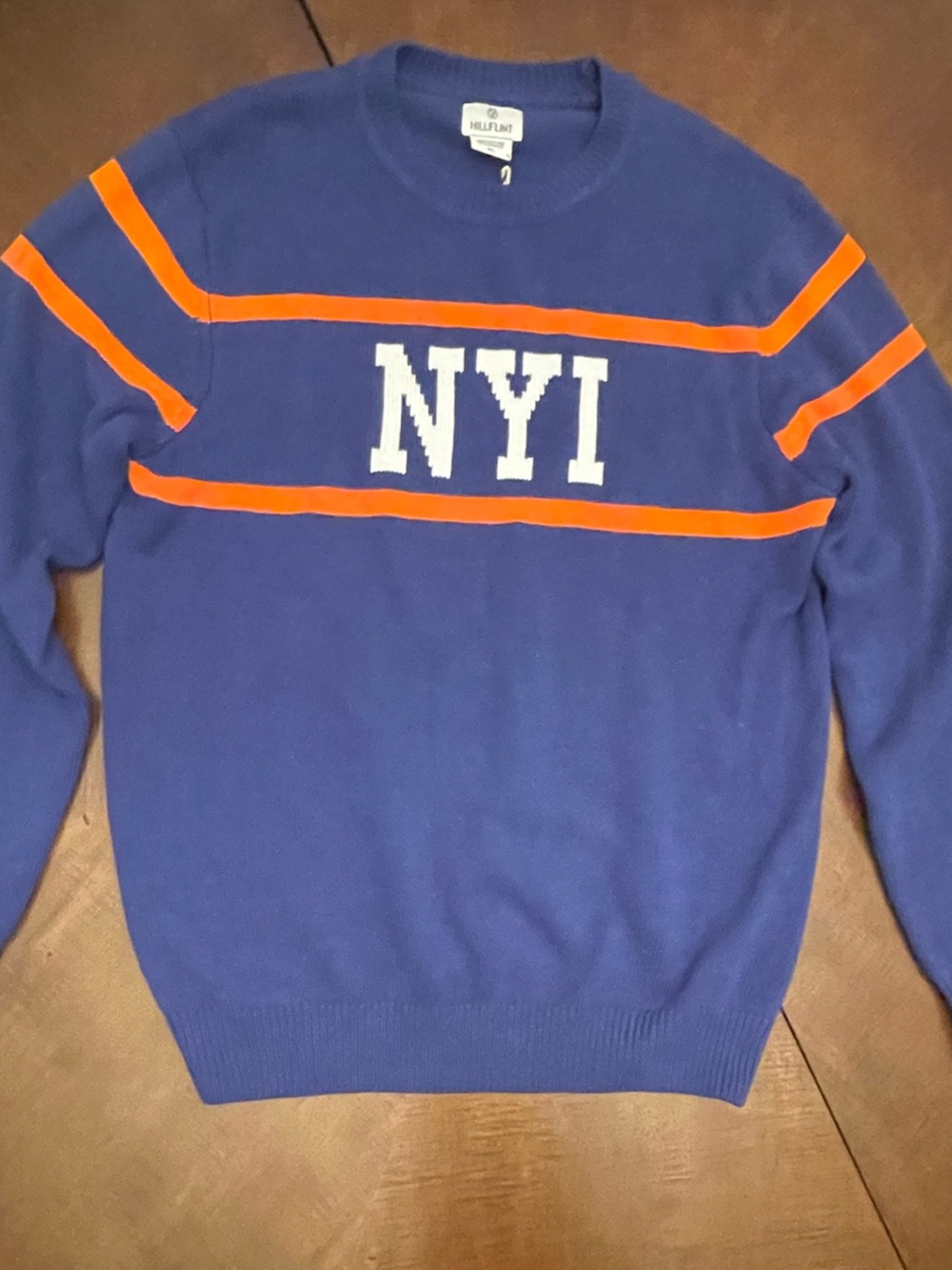 Tommy Hilfiger Men's Navy Crewneck Sweater with Orange Stripe and NYI Logo